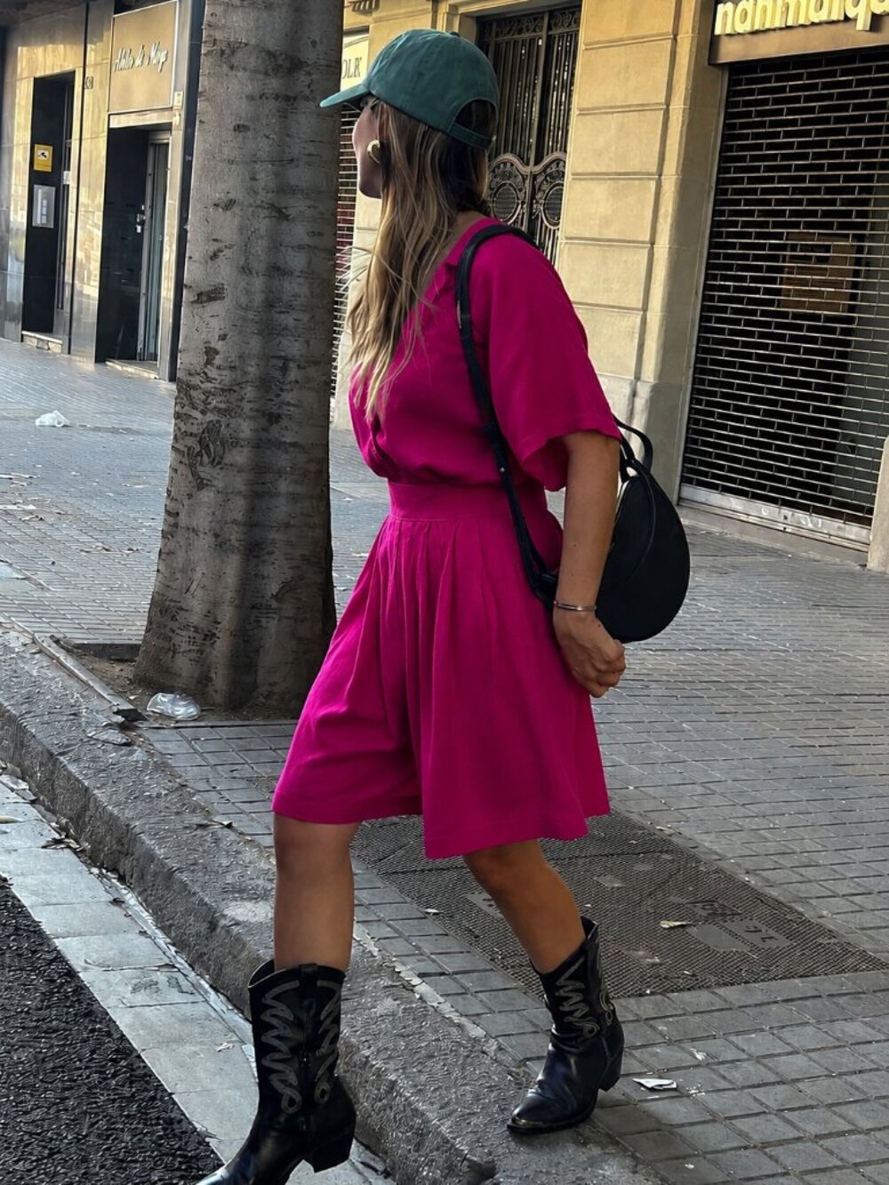 90s Pink Co-ord Blouse & Bermuda Short Set Size S Hot Pink Button Down